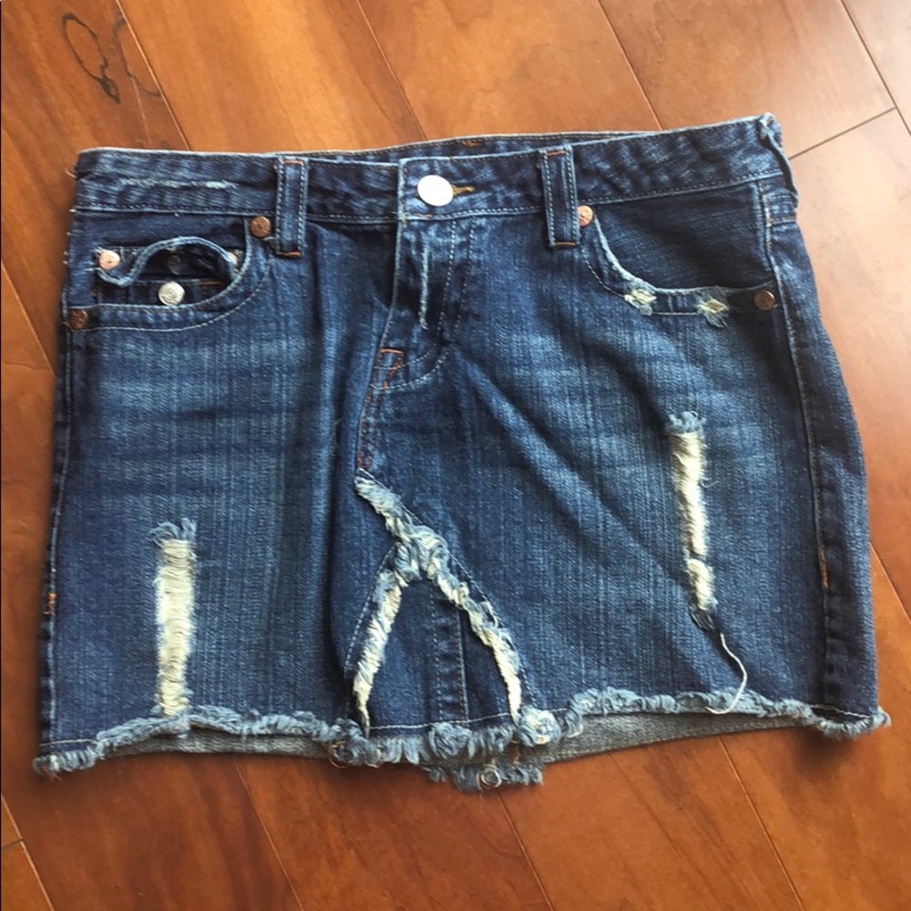 TRUE RELIGION DISTRESSED JOEY JEAN SKIRT, SIZE 30